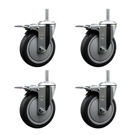 Service Caster 5 Inch Thermoplastic Rubber Swivel 34 Inch Threaded Stem Caster Set with Total Lock Brake SCC-TSTTL20S514-TPRB-34212-4